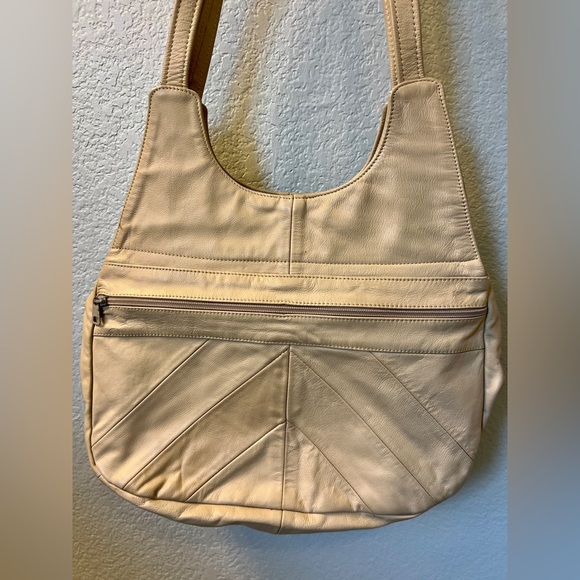 Leather Boho‎ Chic Beige Shoulder Bag Zipper Pockets Made in Mexico - Picture 3 of 7